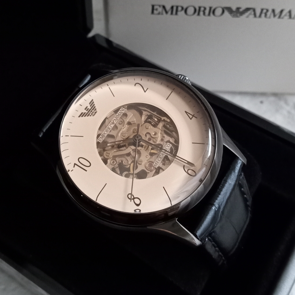 Emporio Armani Meccanico AR1923 Skeleton Amber Glass Men's Black Automatic Watch